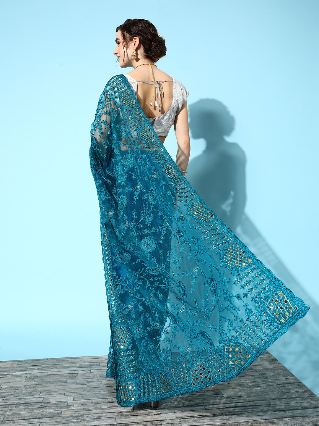 Ishin Women's Net Teal Embroidered Saree With Blouse Piece