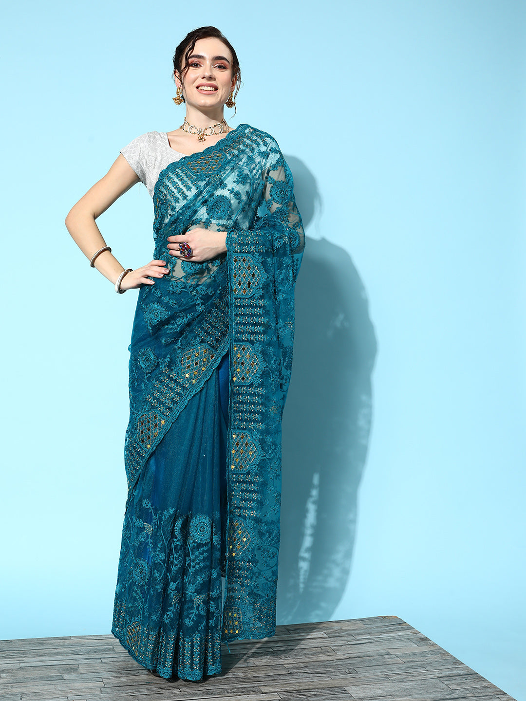 Ishin Women's Net Teal Embroidered Saree With Blouse Piece