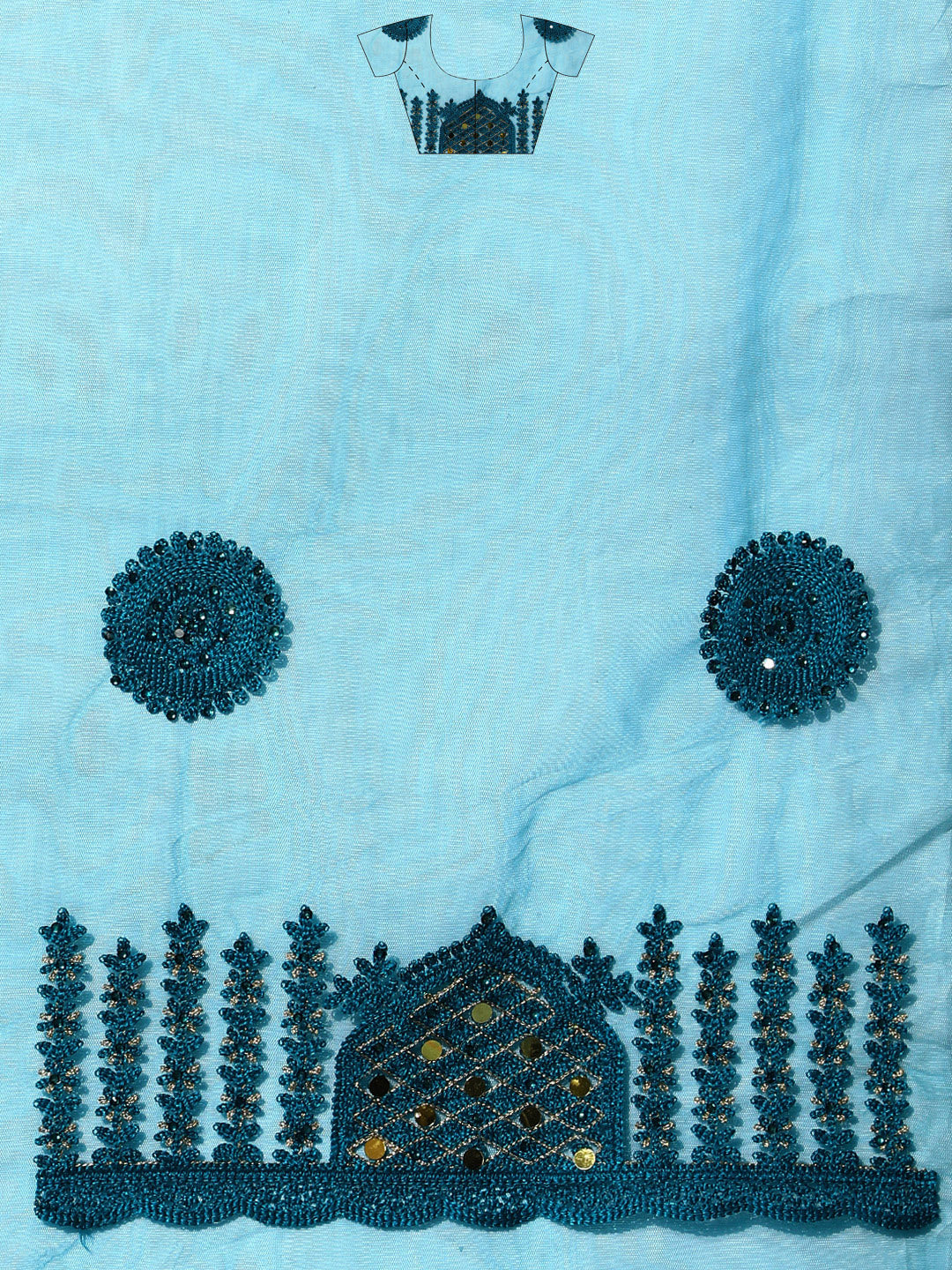 Ishin Women's Net Teal Embroidered Saree With Blouse Piece