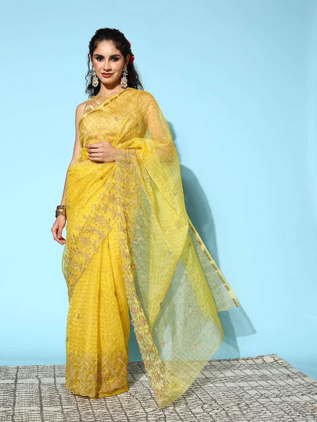 Ishin Women's Cotton Blend Yellow Embroidered Saree With Blouse Piece