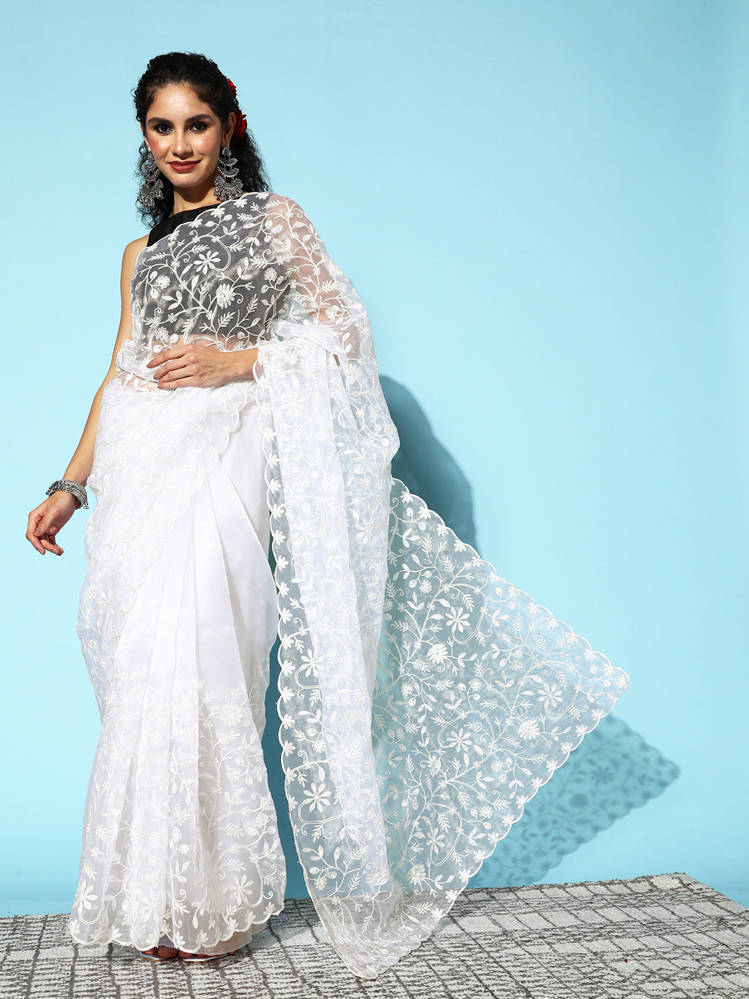 Ishin Women's Organza White Embroidered Saree With Blouse Piece