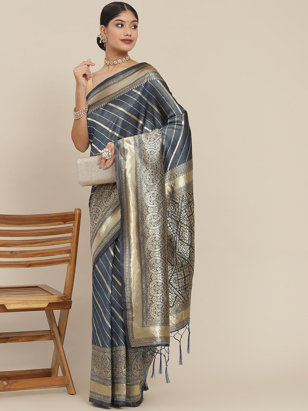 Ishin Women's Silk Blend Teal Blue Woven Design Saree With Blouse Piece