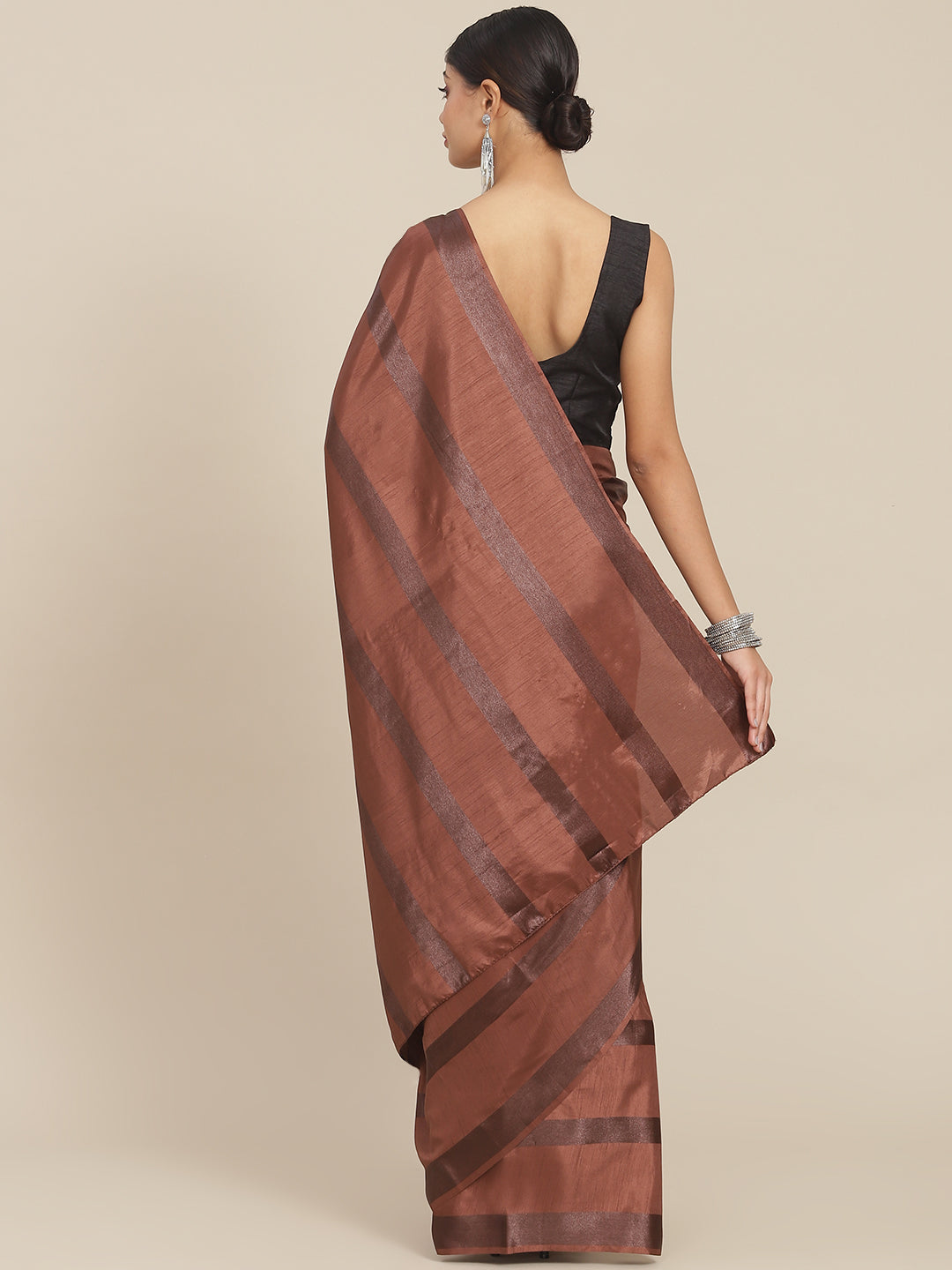Ishin Women's Silk Blend Brown Striped Saree With Blouse Piece