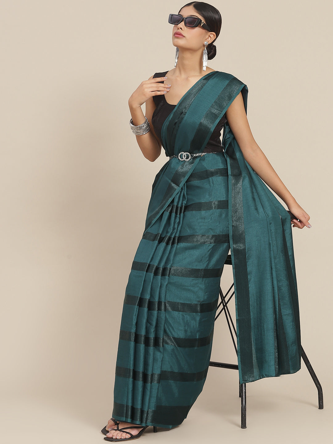 Ishin Women's Silk Blend Green Striped Saree With Blouse Piece