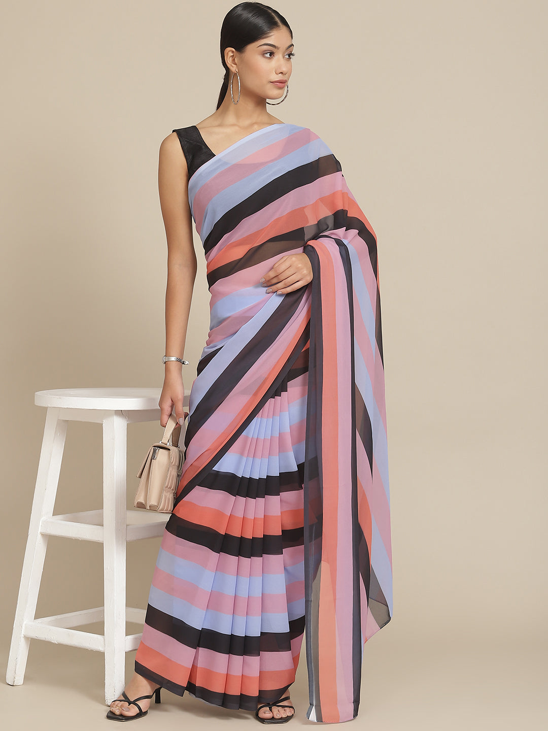 Ishin Women's Poly Georgette Multicolor Candy Stripe Saree With Blouse Piece