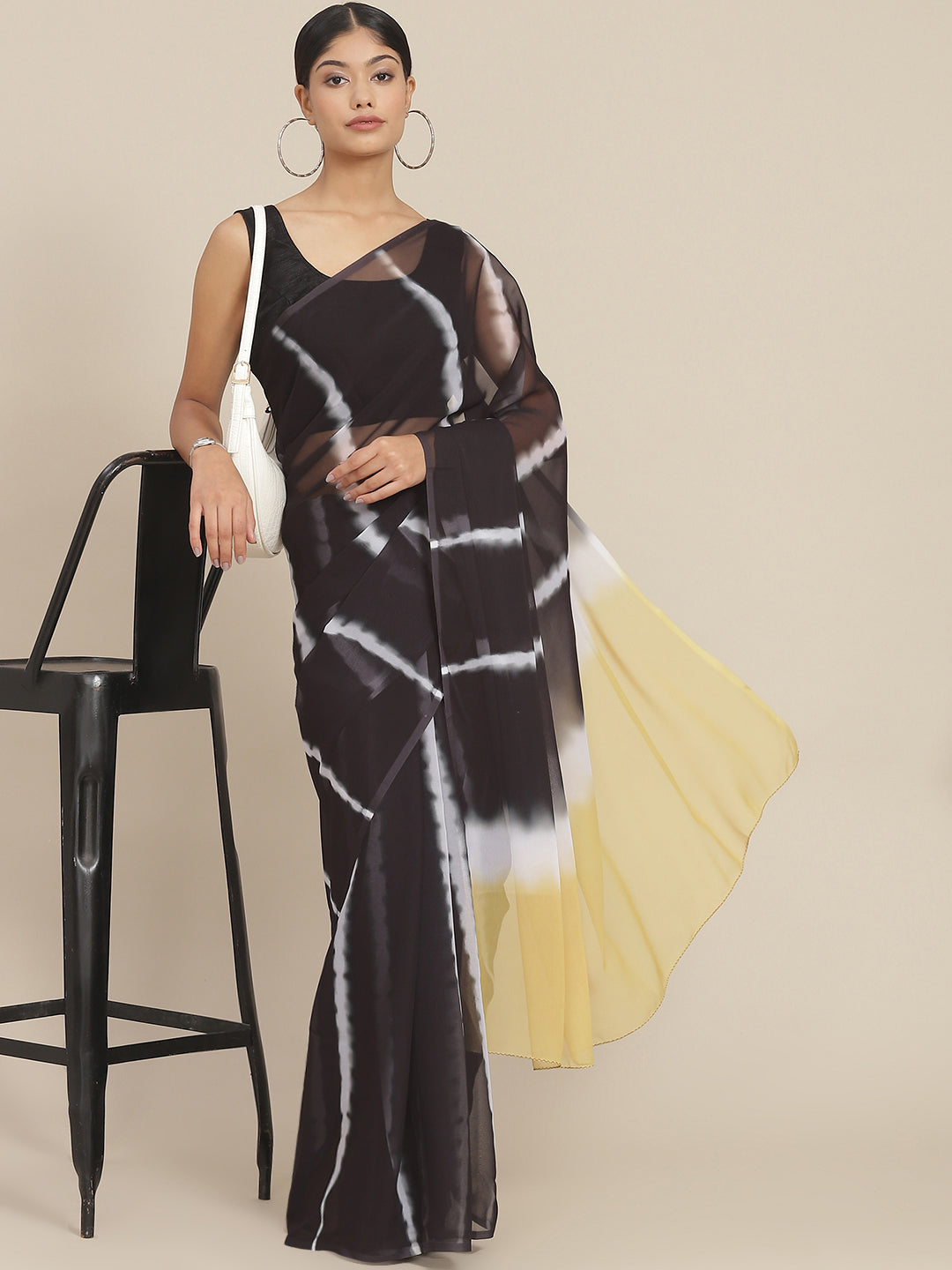 Ishin Women's Poly Georgette Black & Yellow Tie & Dye Saree With Blouse Piece