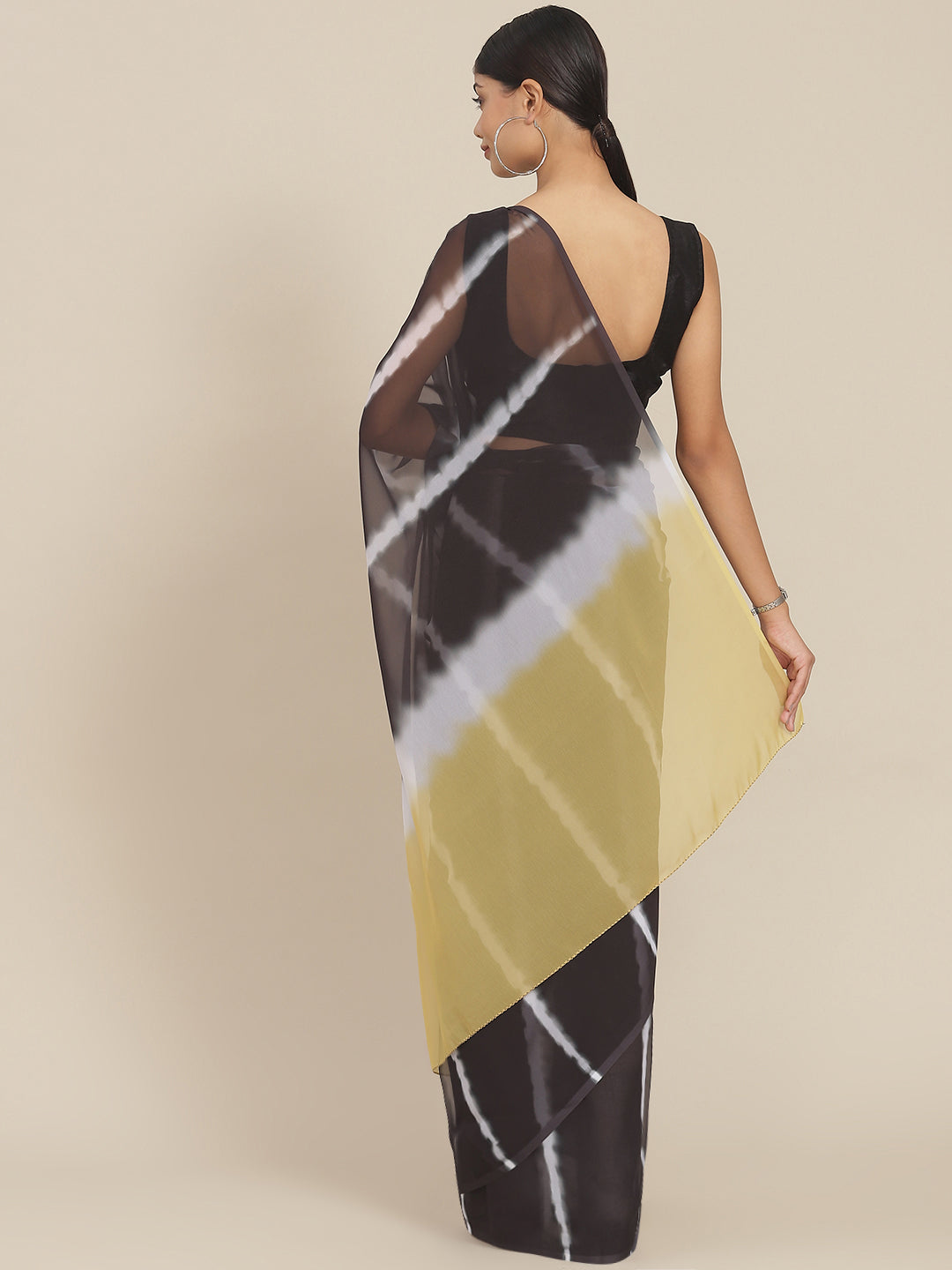 Ishin Women's Poly Georgette Black & Yellow Tie & Dye Saree With Blouse Piece