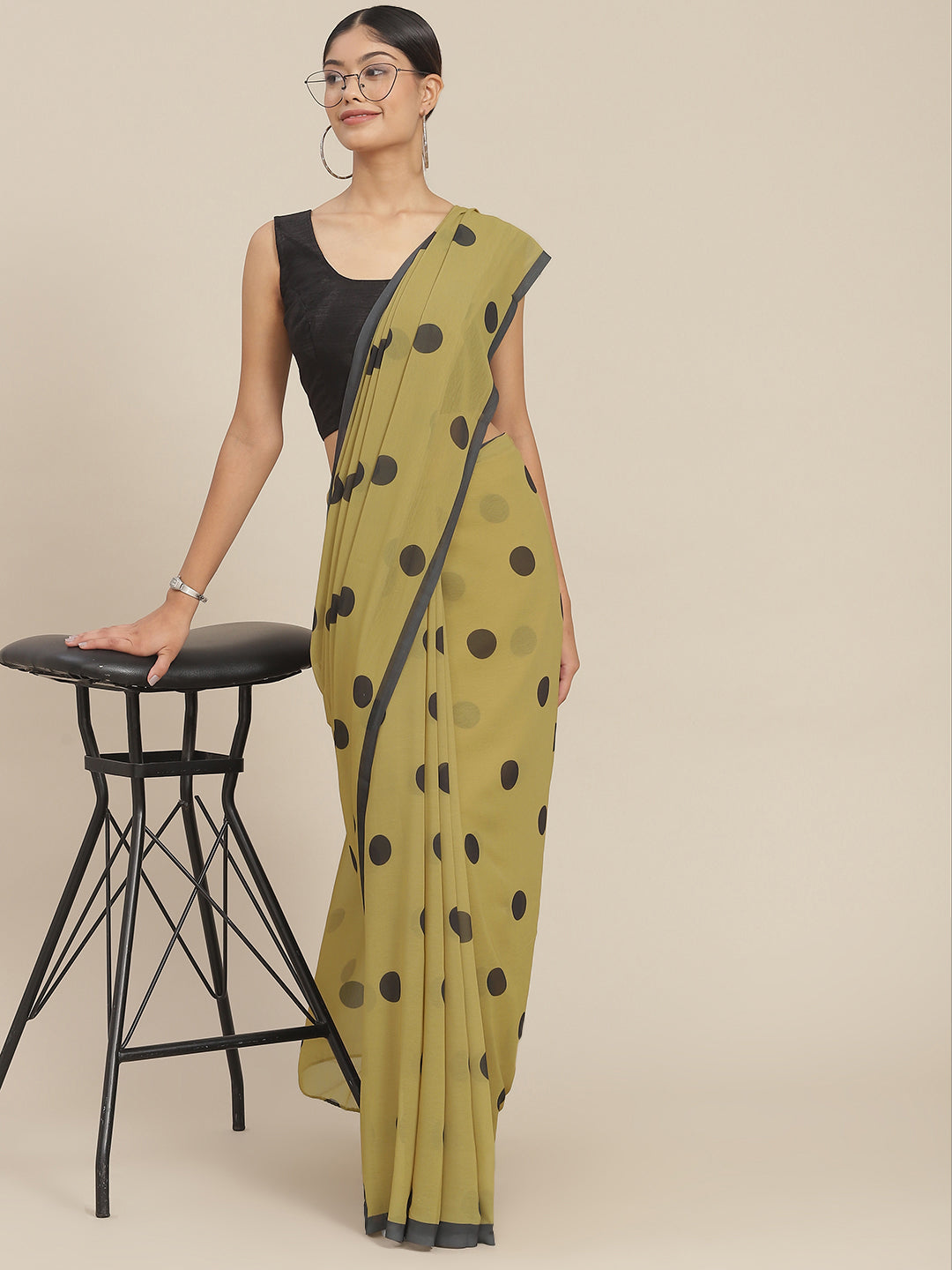 Ishin Women's Poly Georgette Green Polka Printed Saree With Blouse Piece