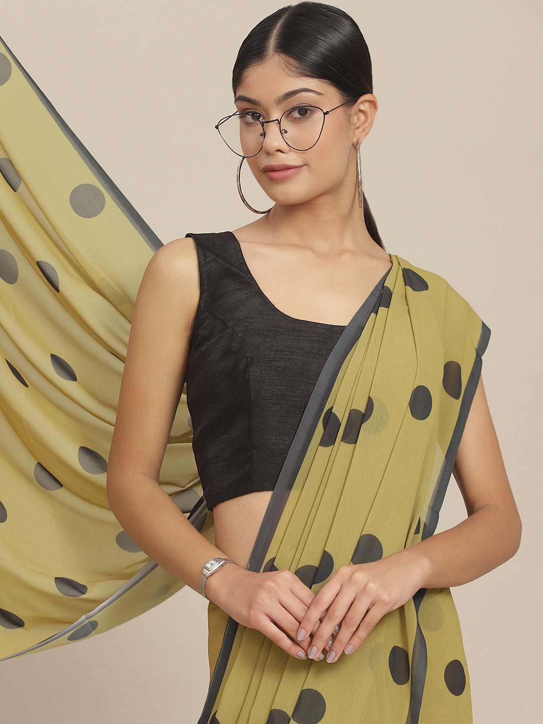 Ishin Women's Poly Georgette Green Polka Printed Saree With Blouse Piece