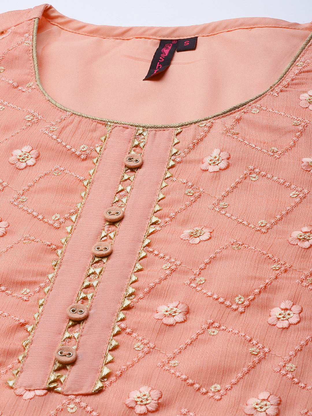 Ishin Women's Peach Embroidered Straight Kurta with Skirt & Dupatta