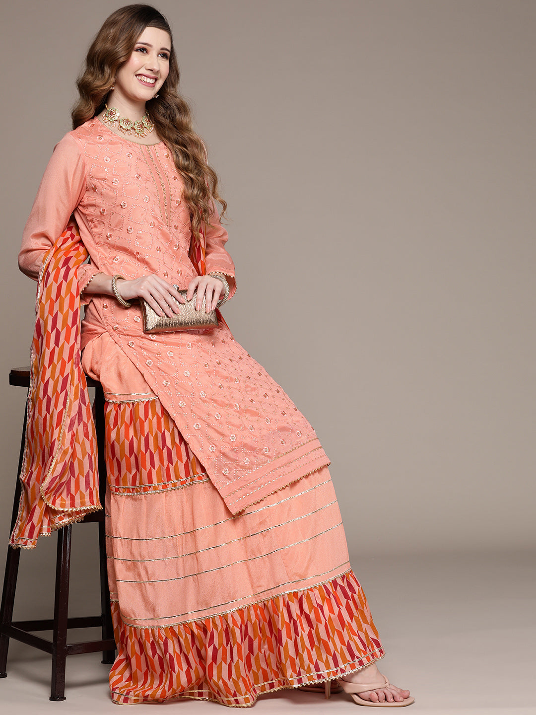 Ishin Women's Peach Embroidered Straight Kurta with Skirt & Dupatta