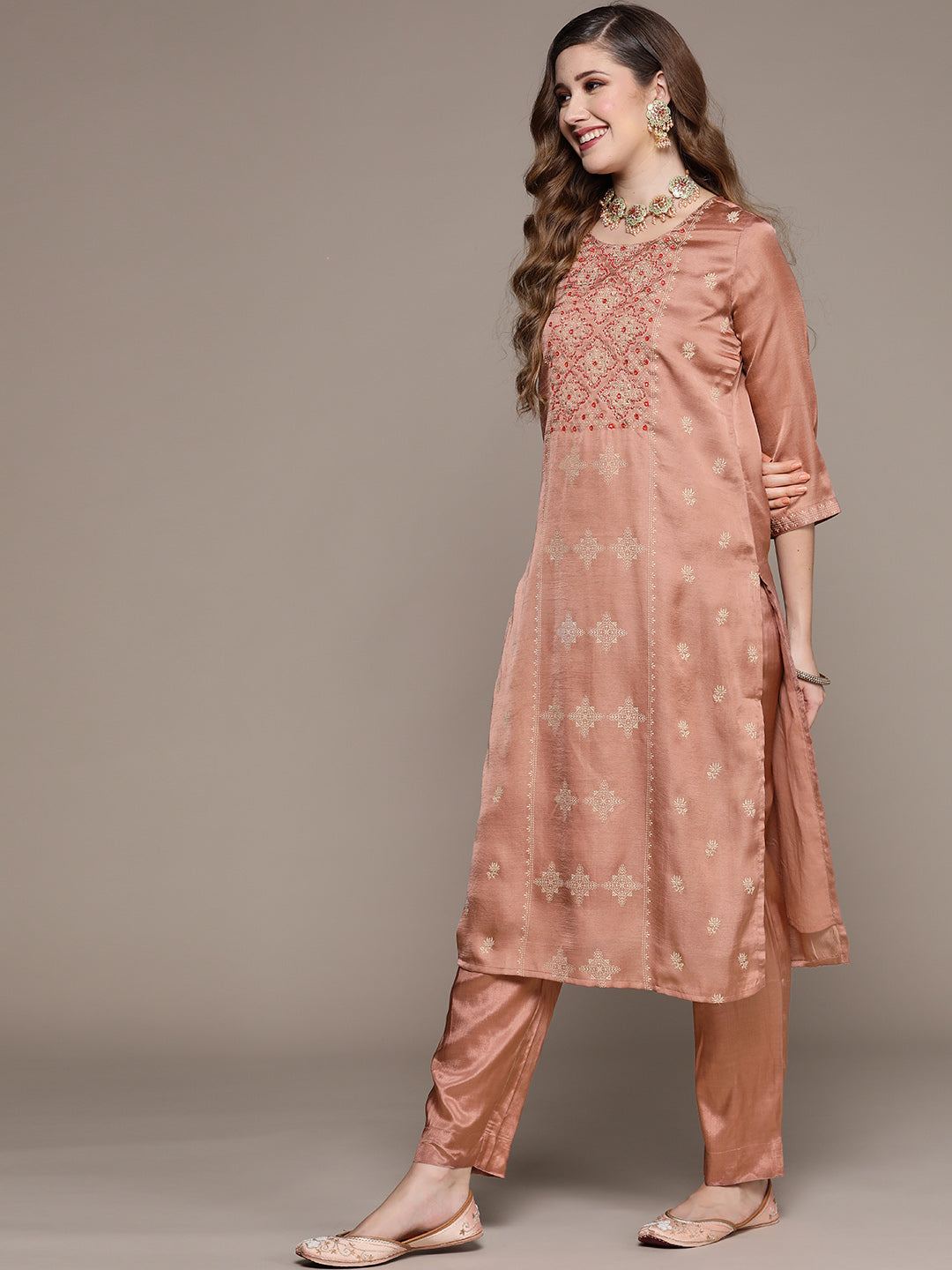 Ishin Women's Mauve Embellished Straight Kurta with Trouser & Dupatta