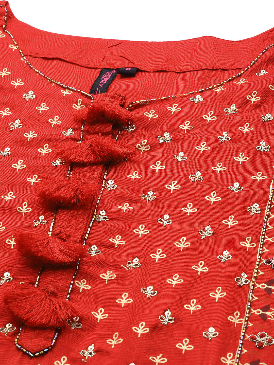Ishin Women's Red Embellished A-Line Kurta with Sharara & Dupatta