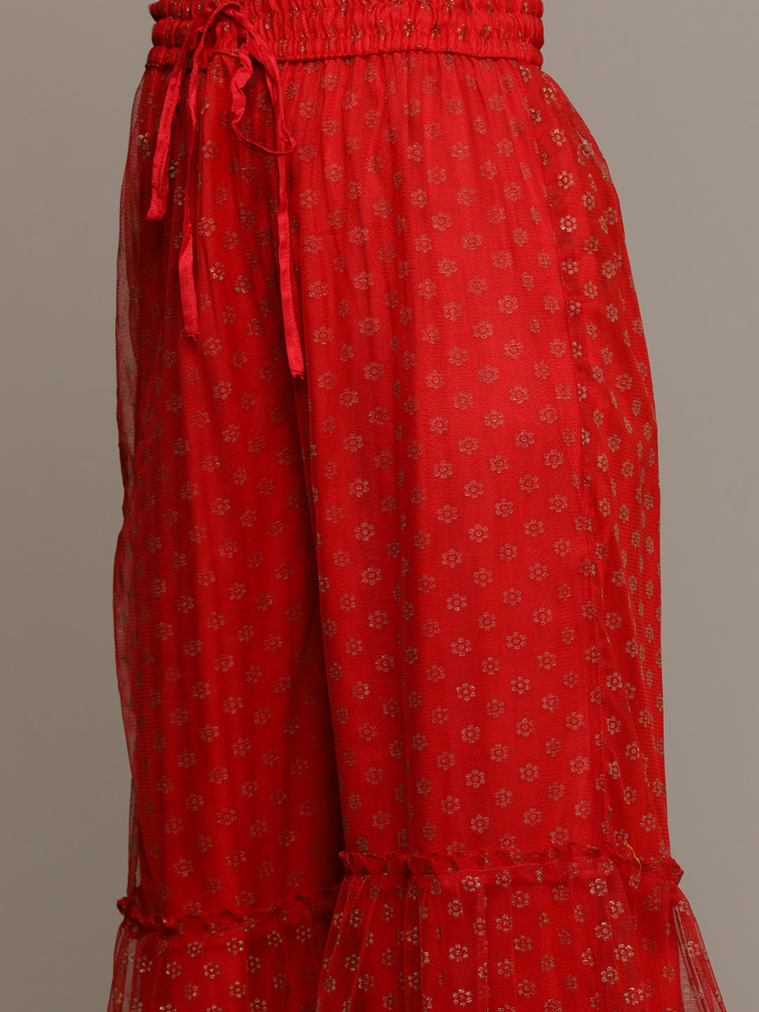 Ishin Women's Red Embellished A-Line Kurta with Sharara & Dupatta
