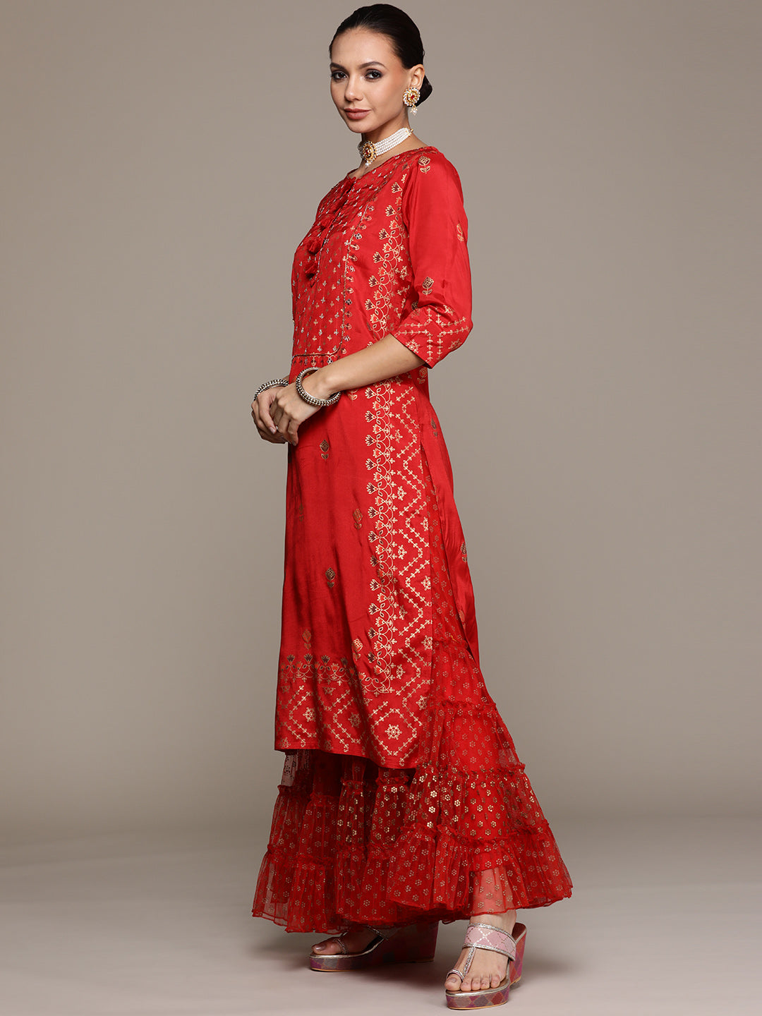 Ishin Women's Red Embellished A-Line Kurta with Sharara & Dupatta