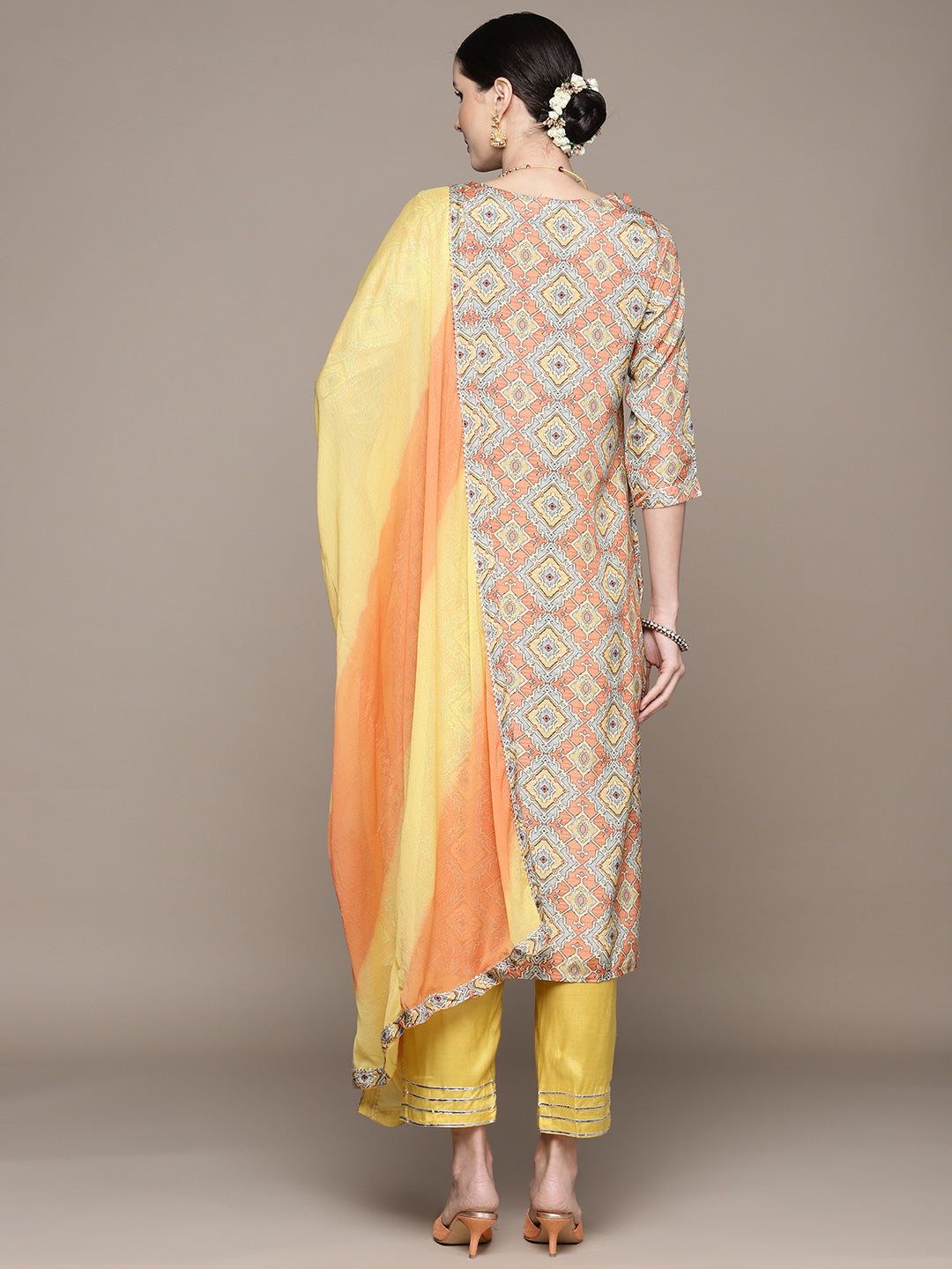 Ishin Women's Mustard Yoke Embroidered A-Line Kurta with Trouser & Dupatta