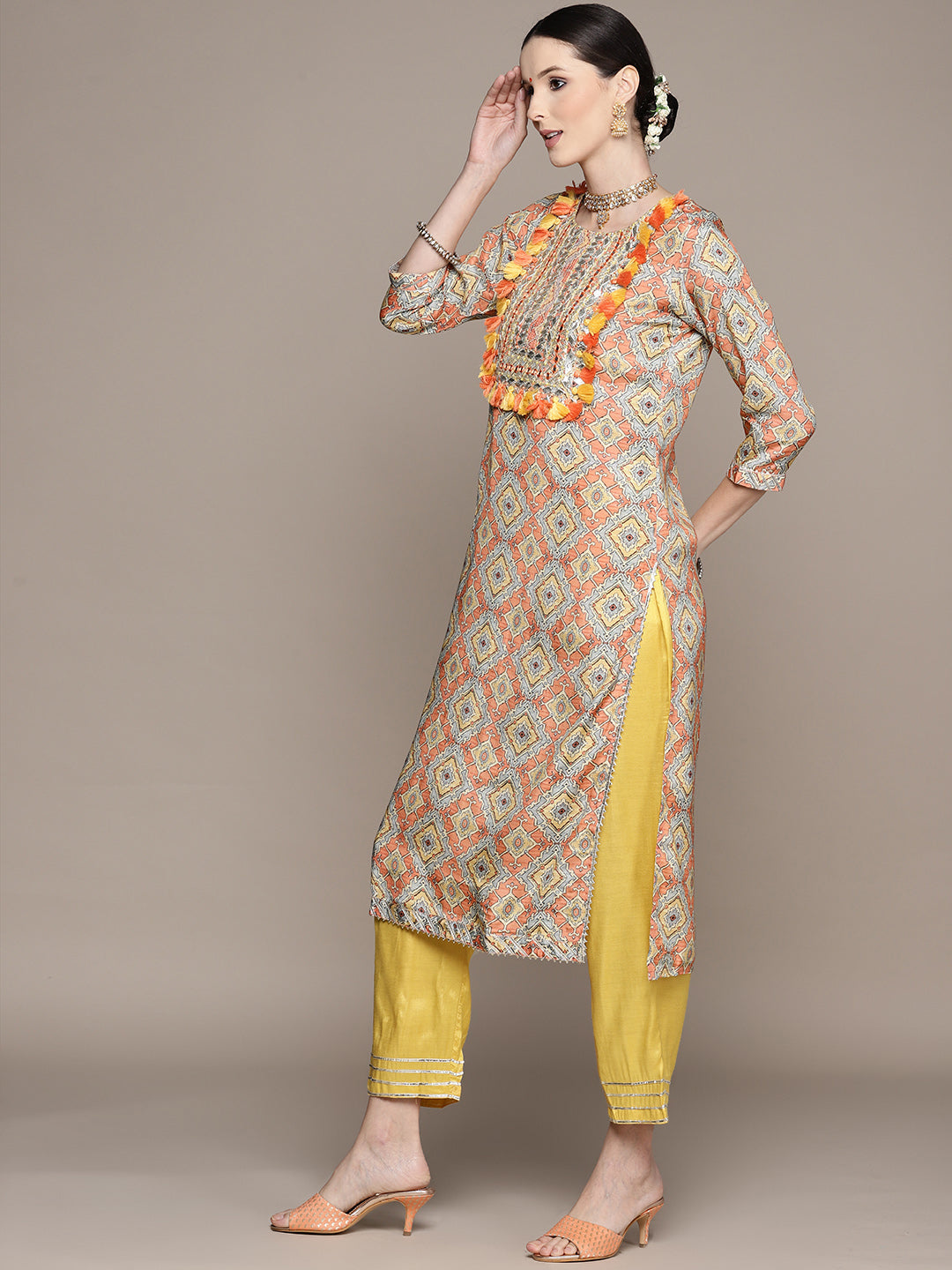 Ishin Women's Mustard Yoke Embroidered A-Line Kurta with Trouser & Dupatta