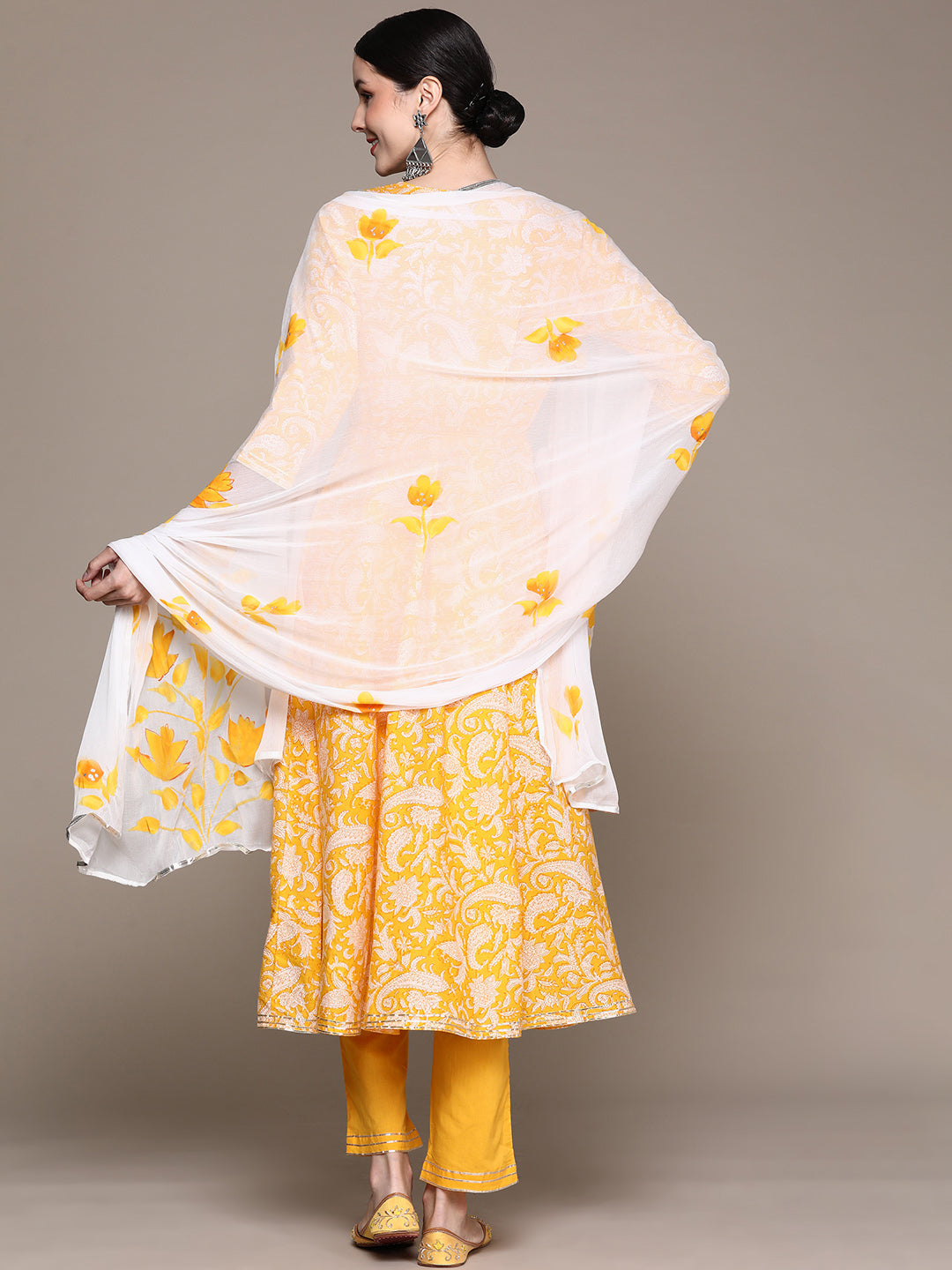 Ishin Women's Yellow Embroidered Anarkali Kurta with Trouser & Dupatta