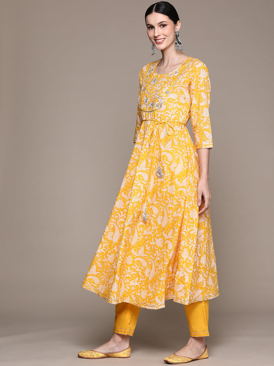 Ishin Women's Yellow Embroidered Anarkali Kurta with Trouser & Dupatta