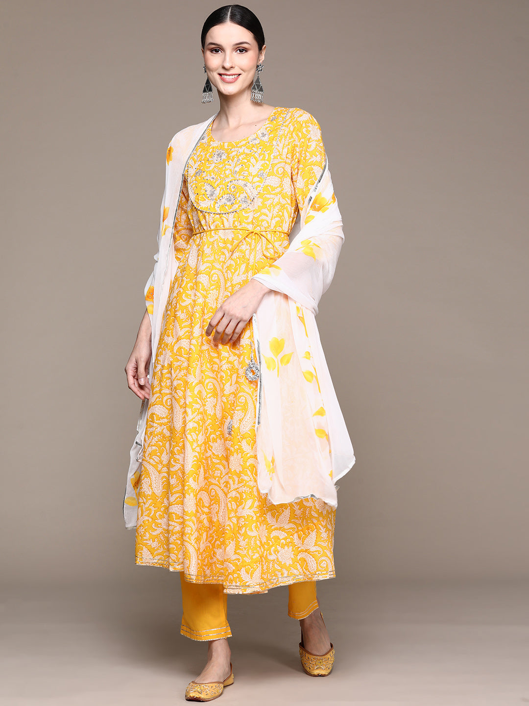 Ishin Women's Yellow Embroidered Anarkali Kurta with Trouser & Dupatta