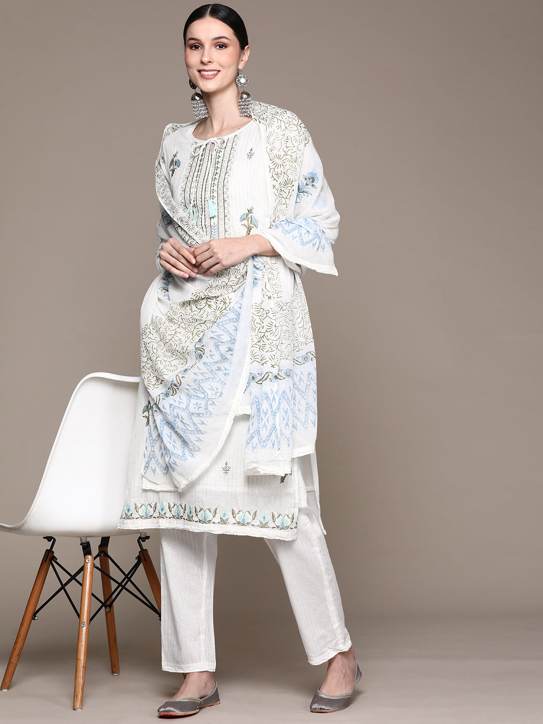 Ishin Women's White Embroidered A-Line Kurta with Trouser & Dupatta