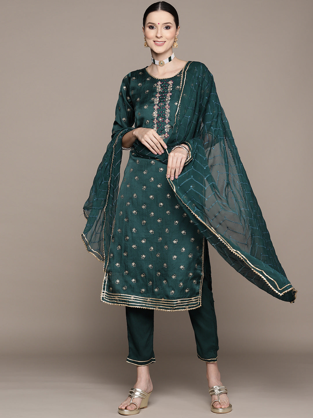 Ishin Women's Green Yoke Embroidered A-Line Kurta with Trouser & Dupatta