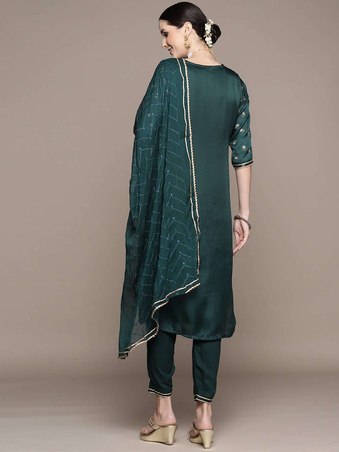 Ishin Women's Green Yoke Embroidered A-Line Kurta with Trouser & Dupatta