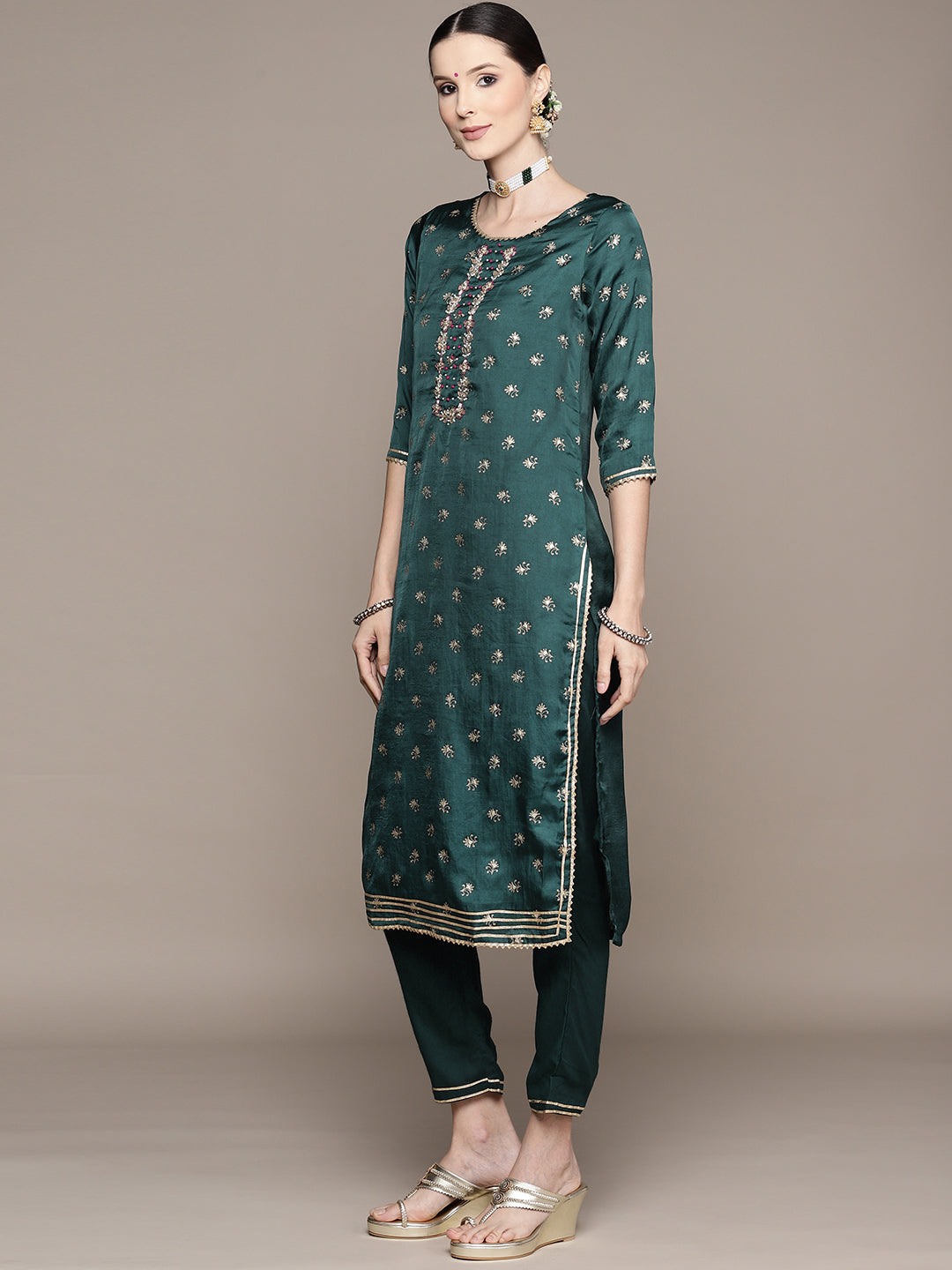 Ishin Women's Green Yoke Embroidered A-Line Kurta with Trouser & Dupatta