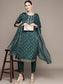 Ishin Women's Green Yoke Embroidered A-Line Kurta with Trouser & Dupatta