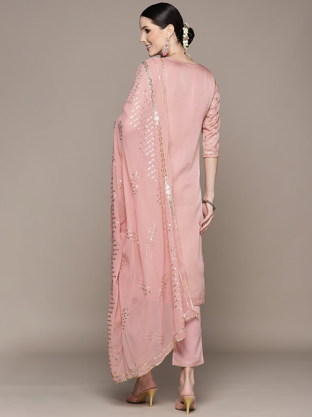 Ishin Women's Pink Embroidered Straight Kurta with Trouser & Dupatta