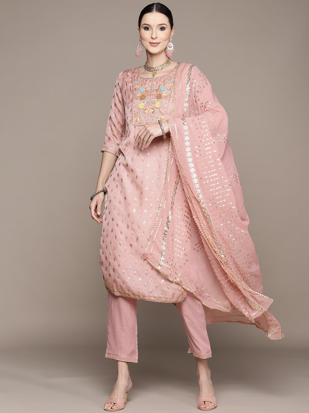 Ishin Women's Pink Embroidered Straight Kurta with Trouser & Dupatta