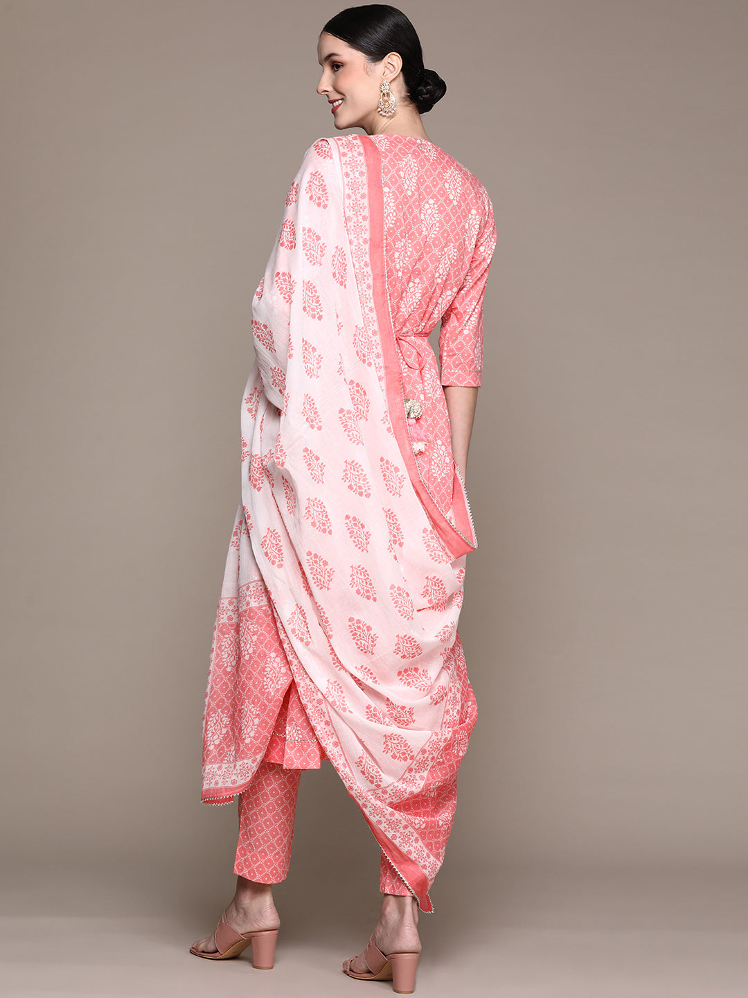 Ishin Women's Pink Embellished Bandhani Anarkali Kurta with Trouser & Dupatta
