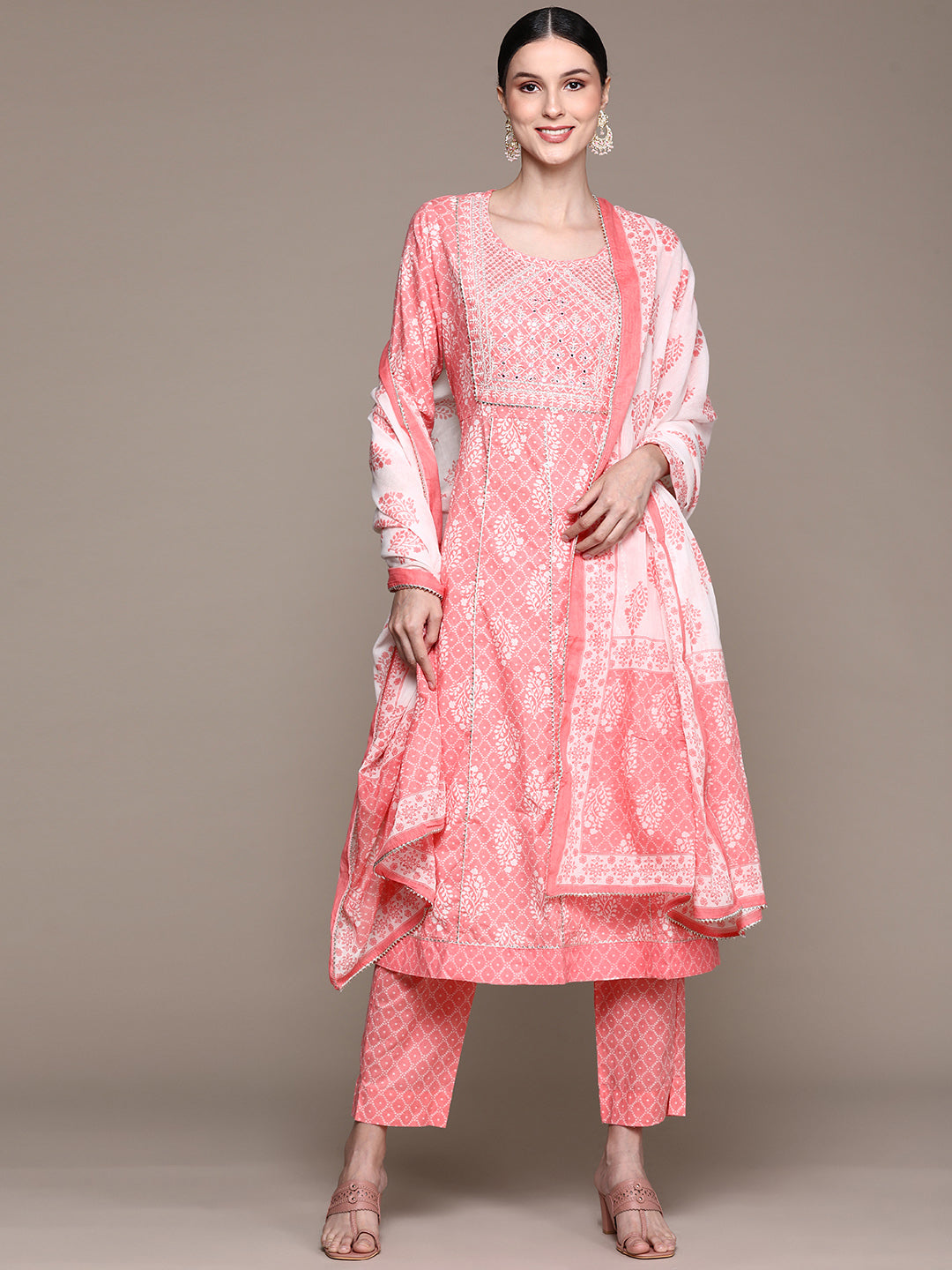 Ishin Women's Pink Embellished Bandhani Anarkali Kurta with Trouser & Dupatta