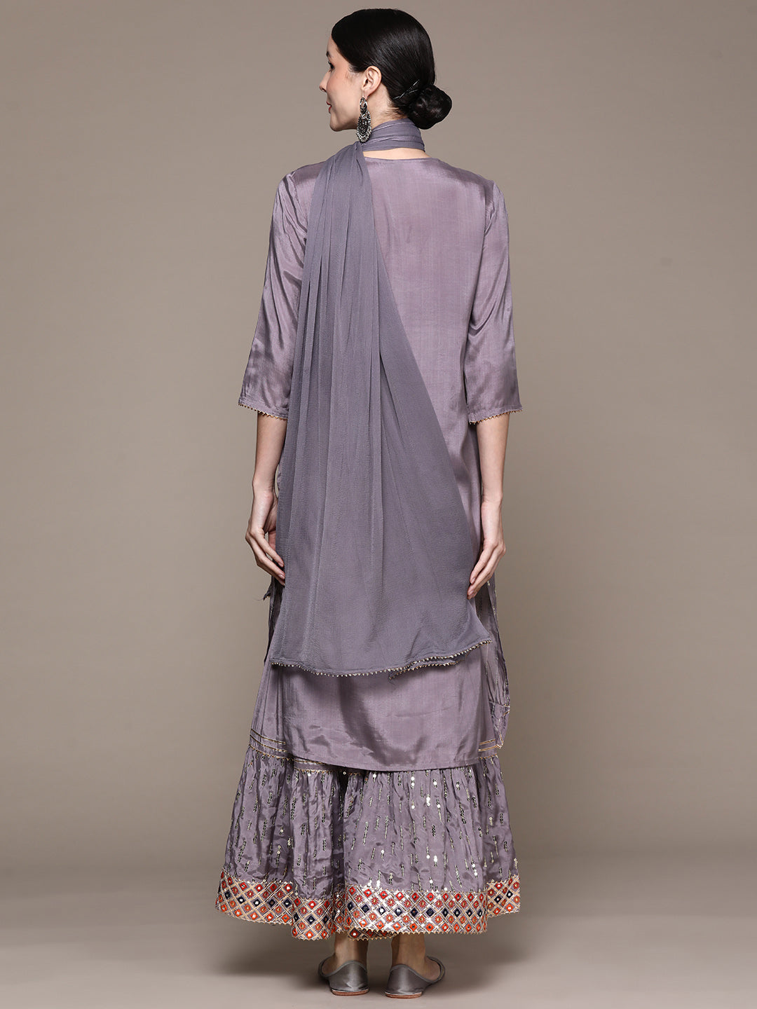 Ishin Women's Mauve Embellished A-Line Kurta with Sharara & Dupatta