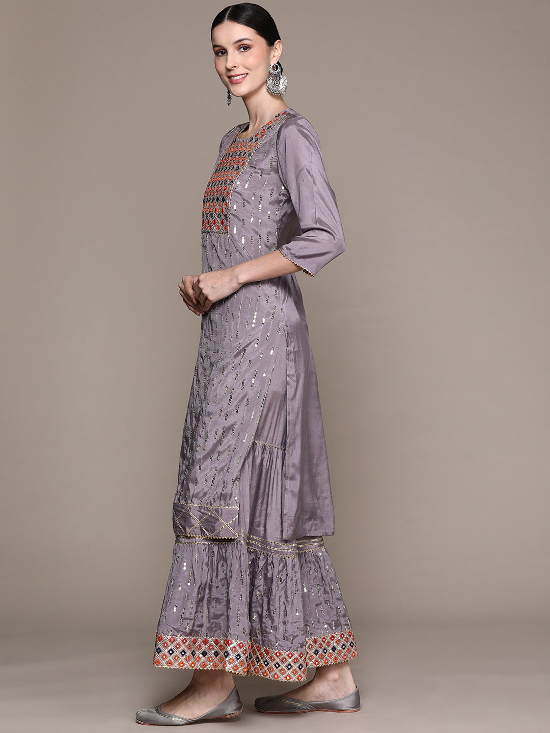Ishin Women's Mauve Embellished A-Line Kurta with Sharara & Dupatta