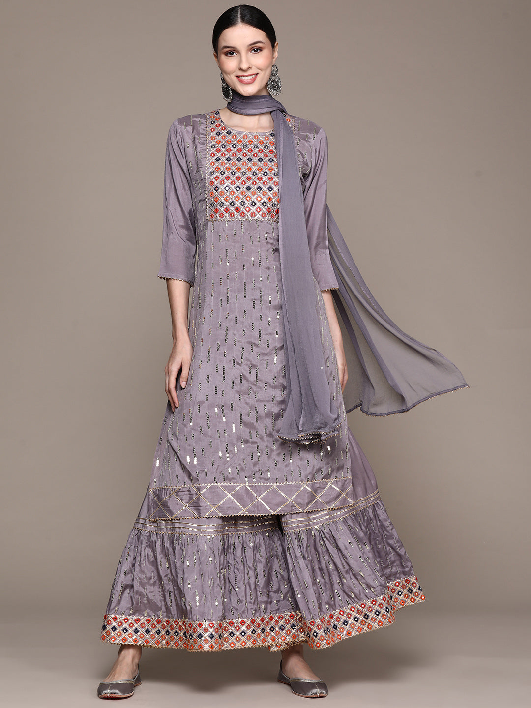 Ishin Women's Mauve Embellished A-Line Kurta with Sharara & Dupatta