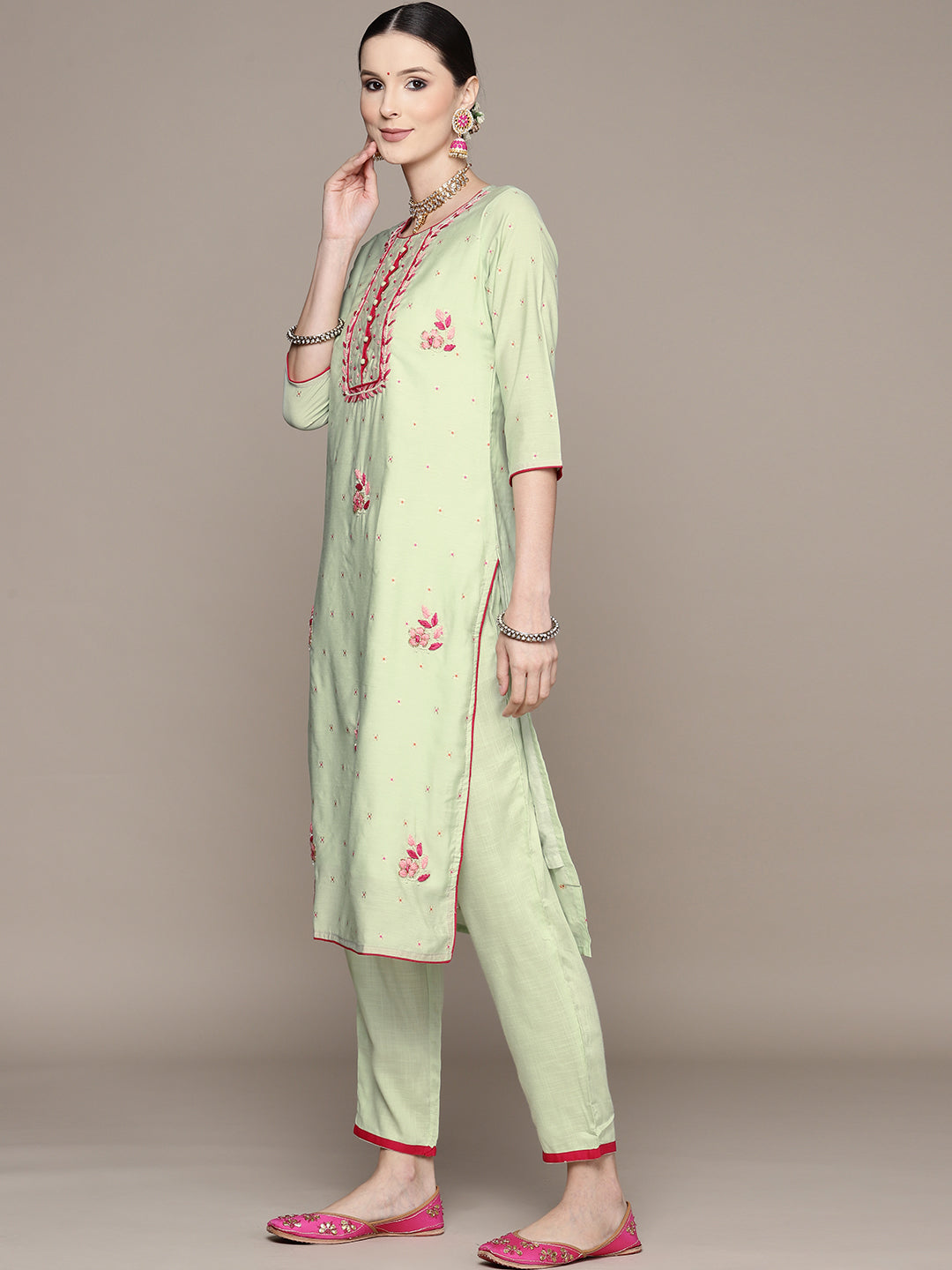 Ishin Women's Sea Green Embellished A-Line Kurta with Trouser & Dupatta