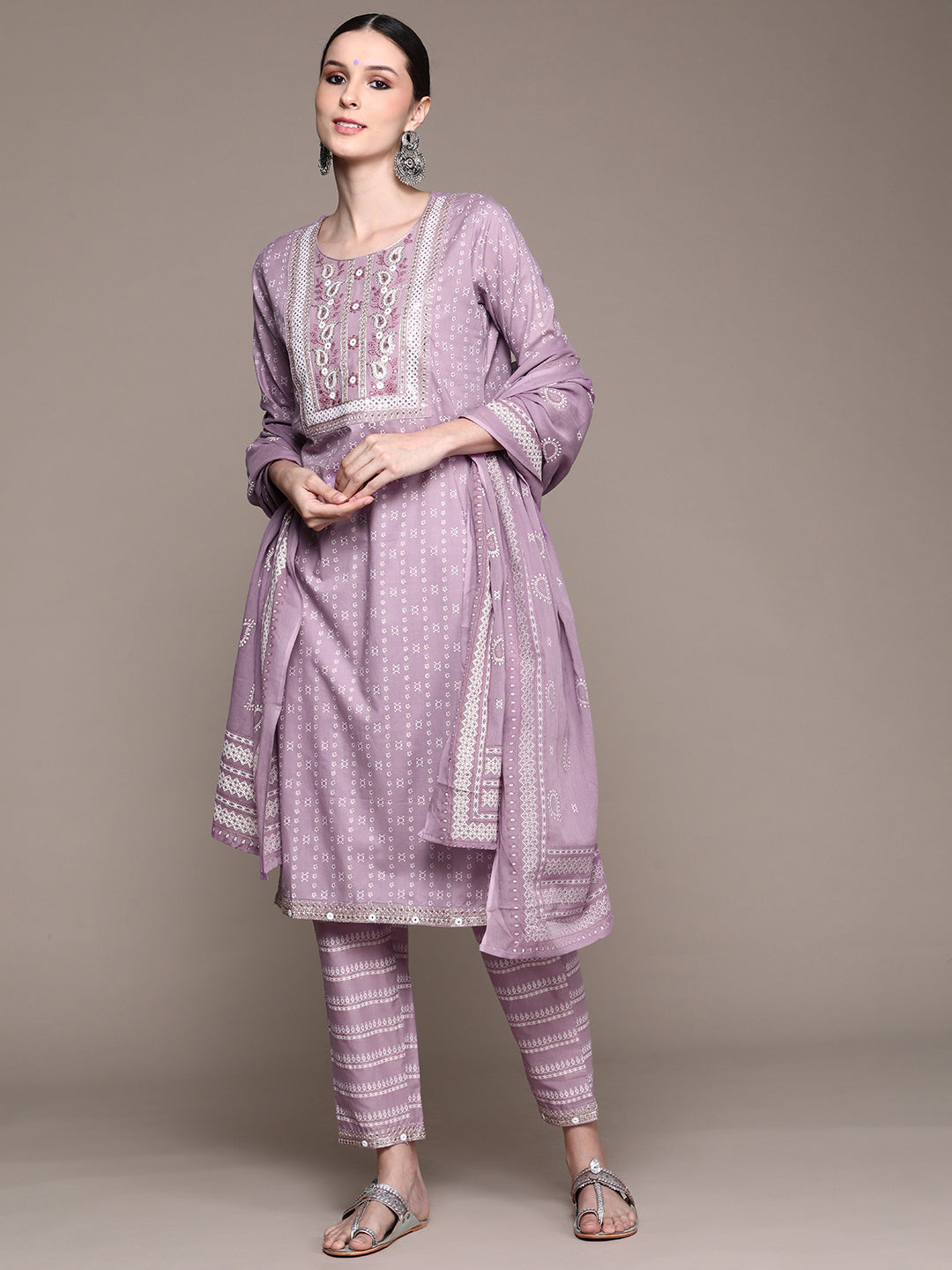Ishin Women's Purple Embroidered A-Line Kurta with Trouser & Dupatta