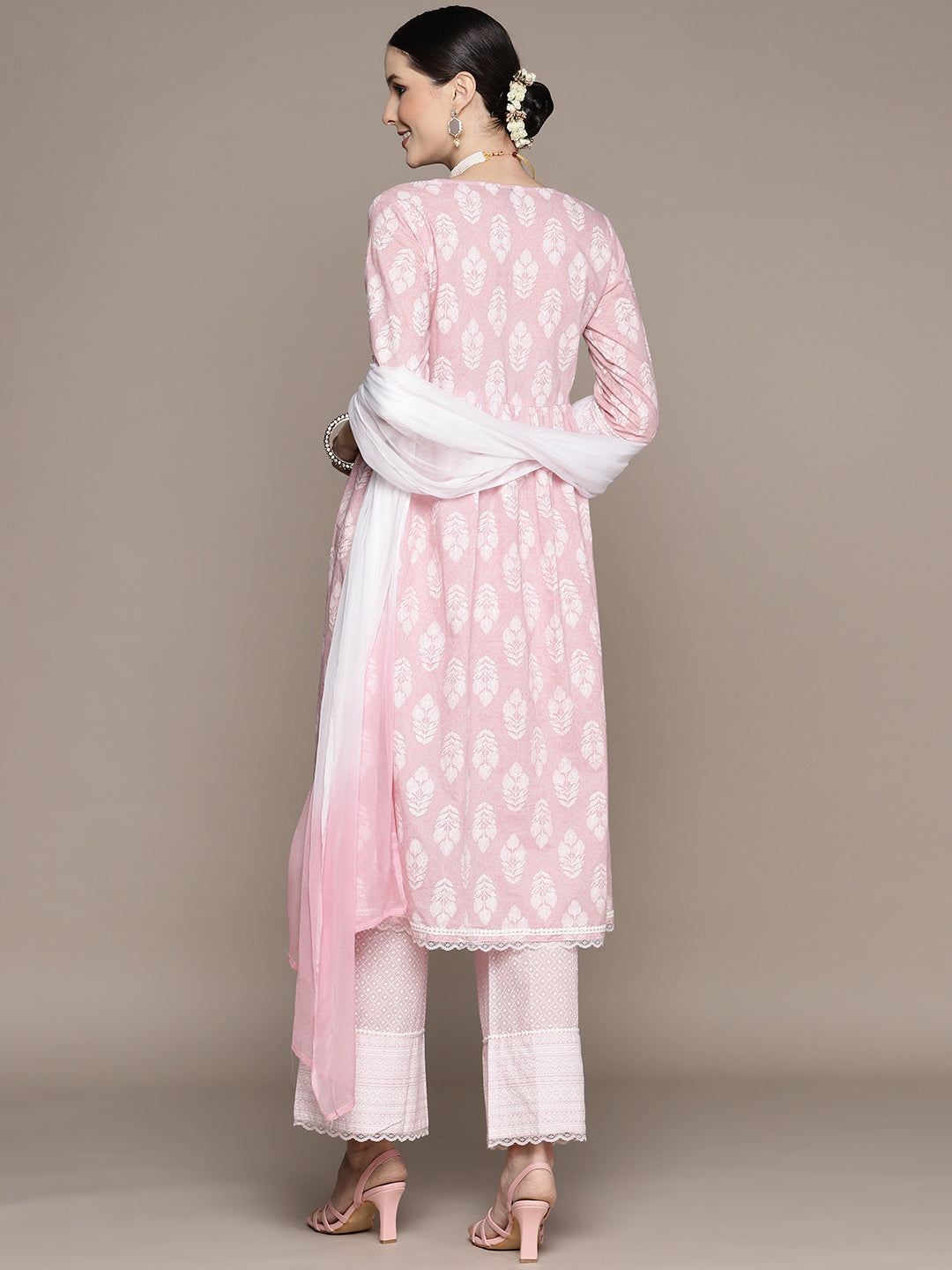 Ishin Women's Pink Yoke Embellished Anarkali Kurta with Palazzo & Dupatta