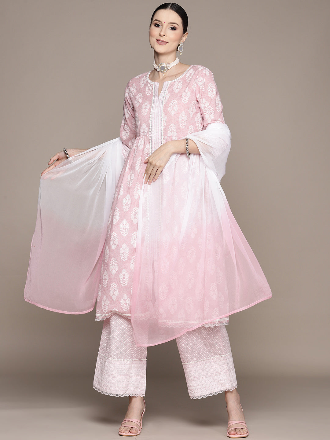Ishin Women's Pink Yoke Embellished Anarkali Kurta with Palazzo & Dupatta