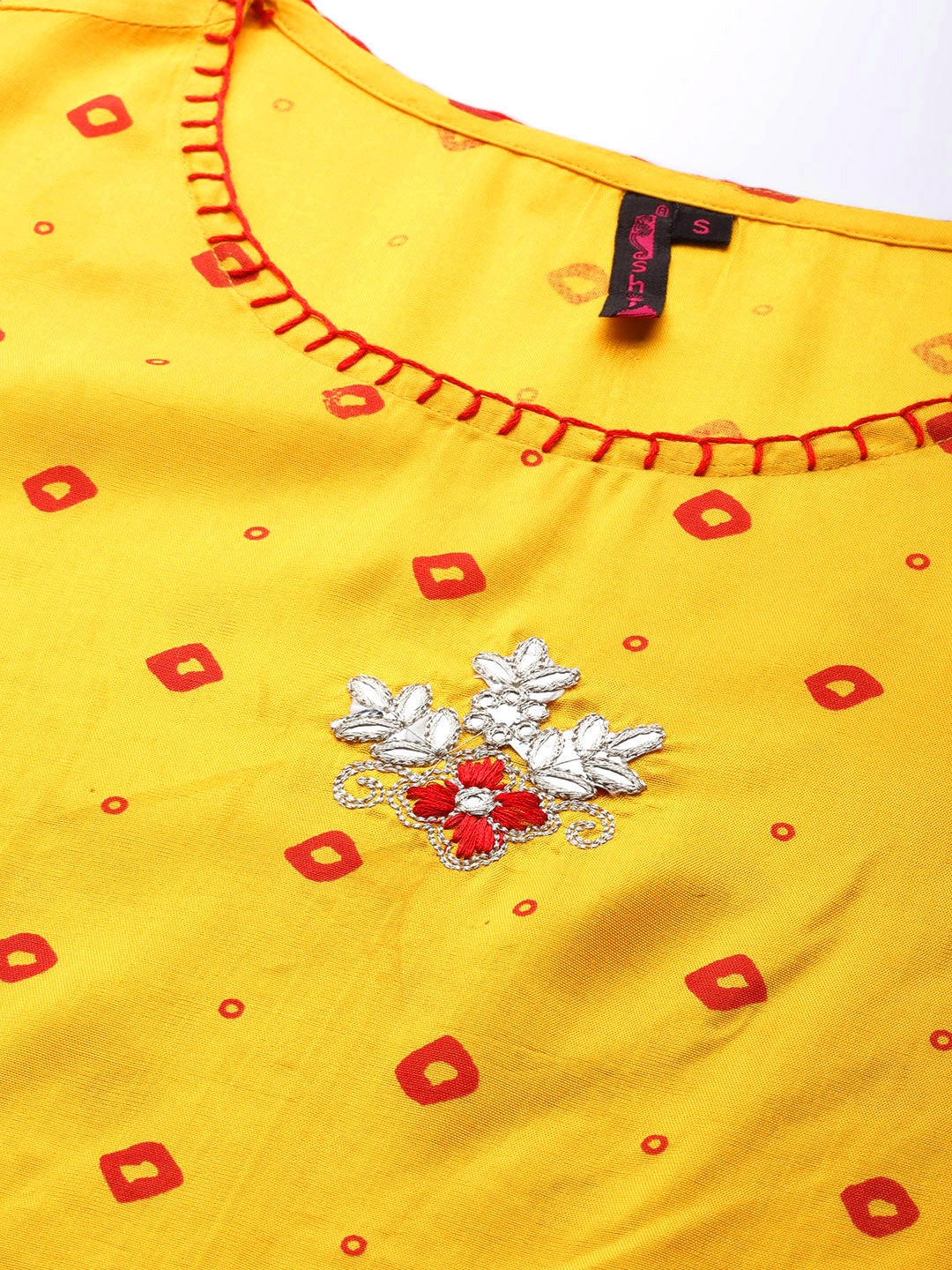 Ishin Women's Yellow Embroidered Bandhani A-Line Kurta with Trouser & Dupatta