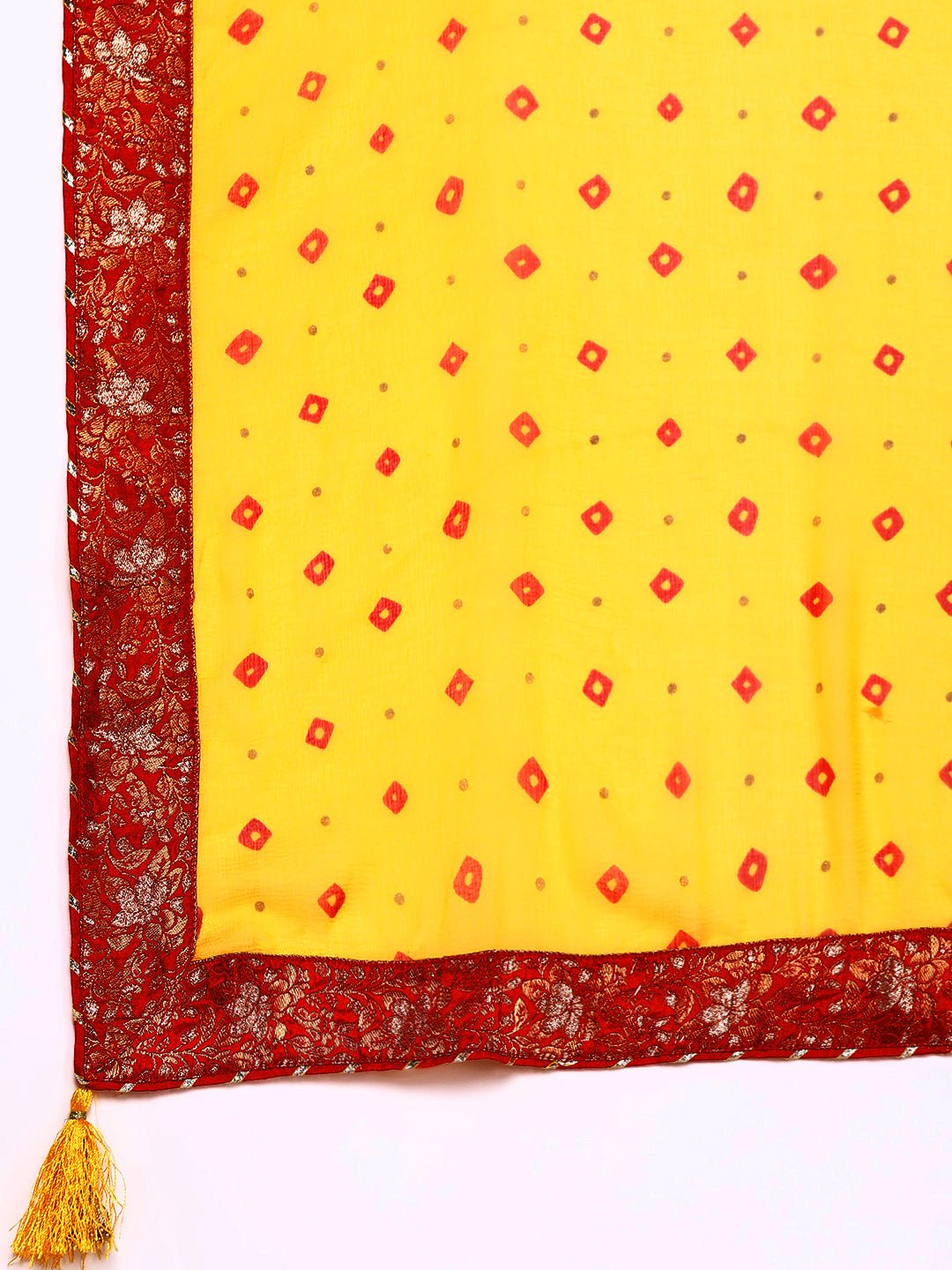 Ishin Women's Yellow Embroidered Bandhani A-Line Kurta with Trouser & Dupatta