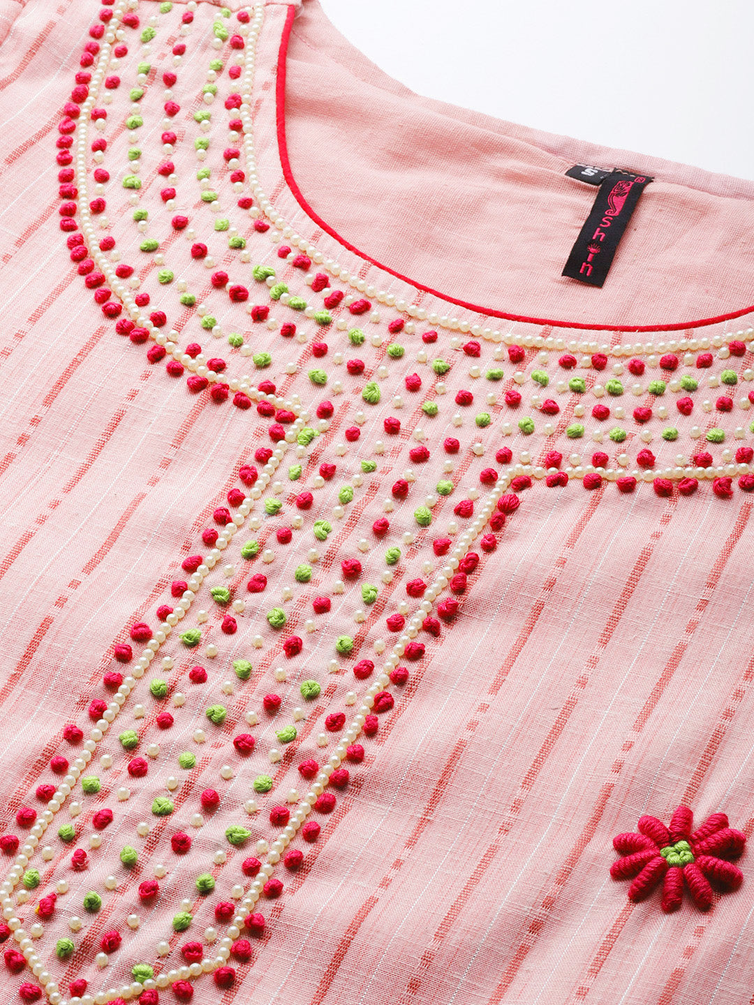 Ishin Women's Pink Embroidered Lurex A-Line Kurta with Trouser & Dupatta