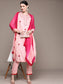 Ishin Women's Pink Embroidered Lurex A-Line Kurta with Trouser & Dupatta
