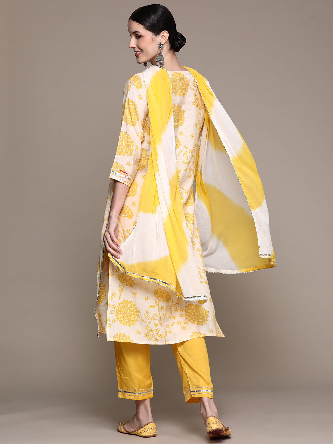 Ishin Women's Yellow Yoke Design A-Line Kurta with Trouser & Dupatta