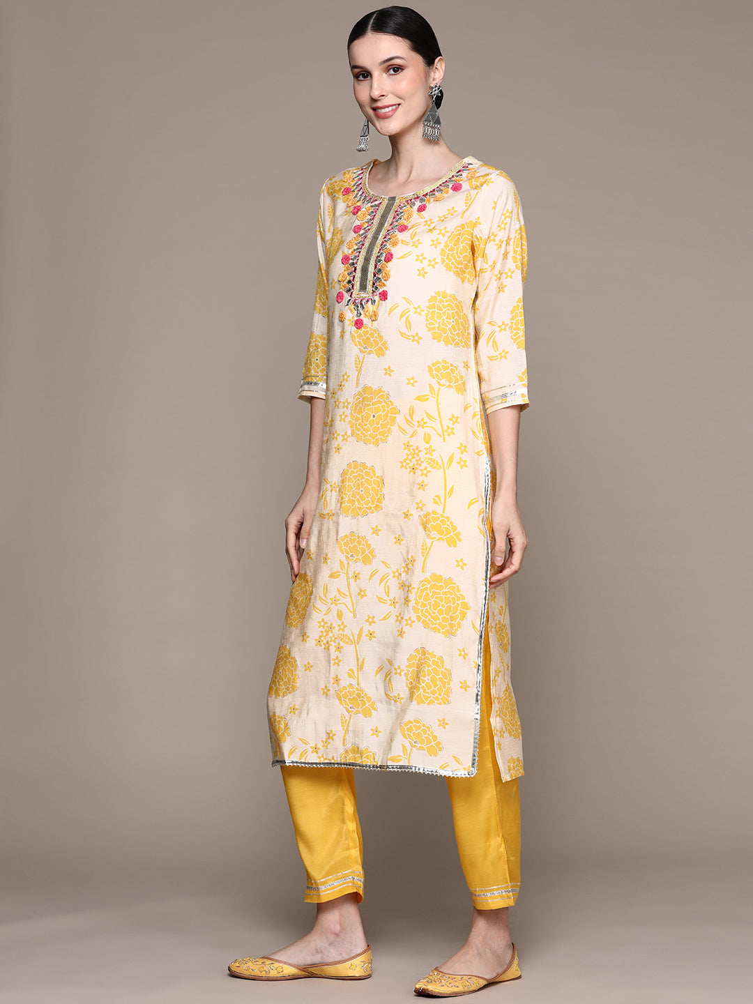 Ishin Women's Yellow Yoke Design A-Line Kurta with Trouser & Dupatta
