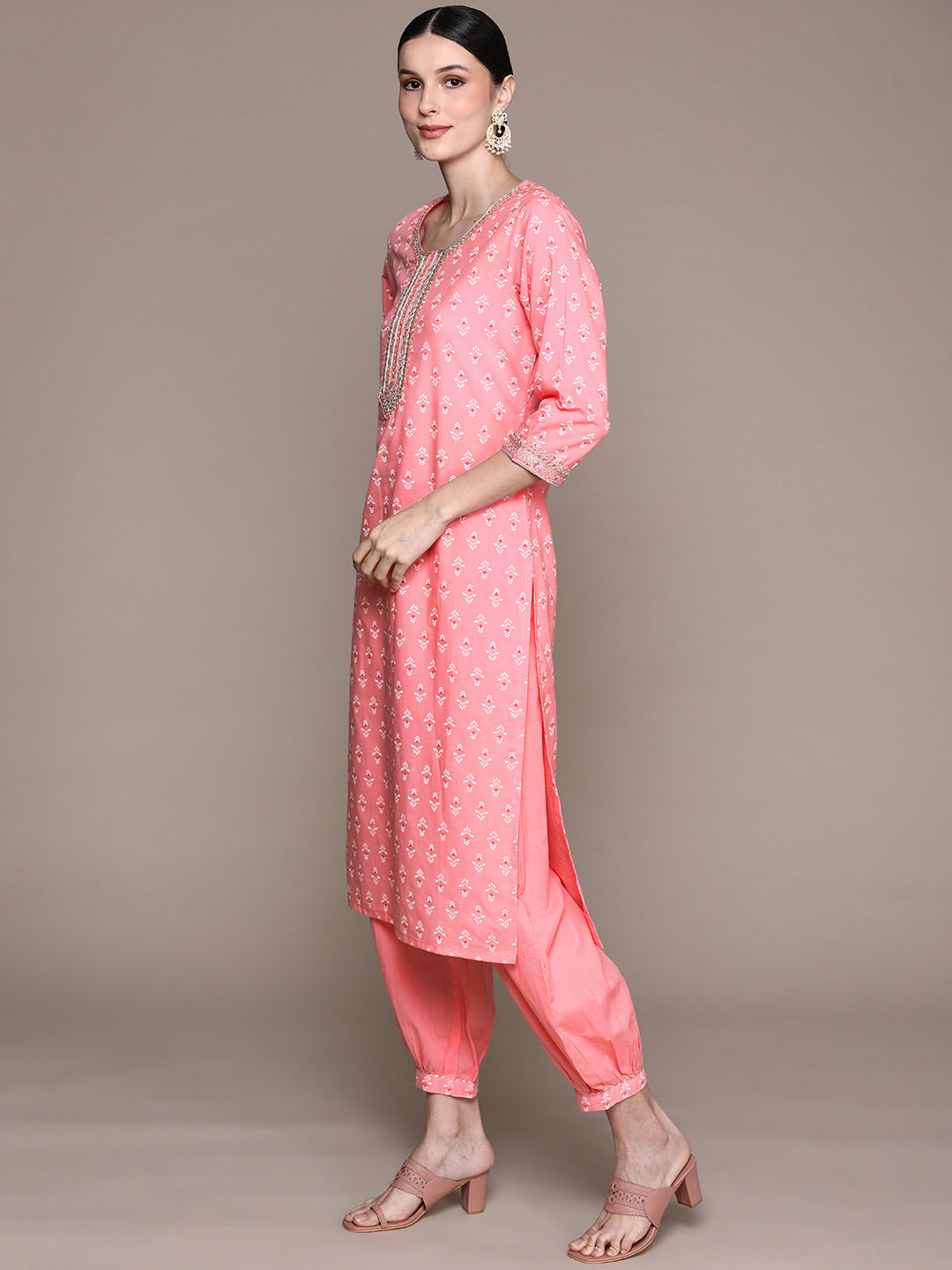 Ishin Women's Pink Yoke Design Straight Kurta with Trouser & Dupatta