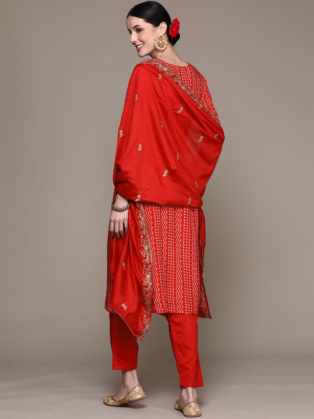 Ishin Women's Red Embroidered Bandhani Straight Kurta with Trouser & Dupatta