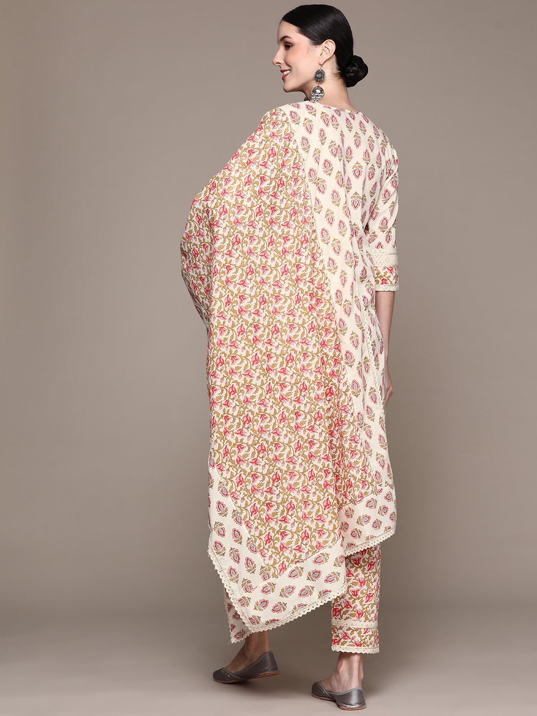 Ishin Women's White Embroidered A-Line Kurta with Trouser & Dupatta