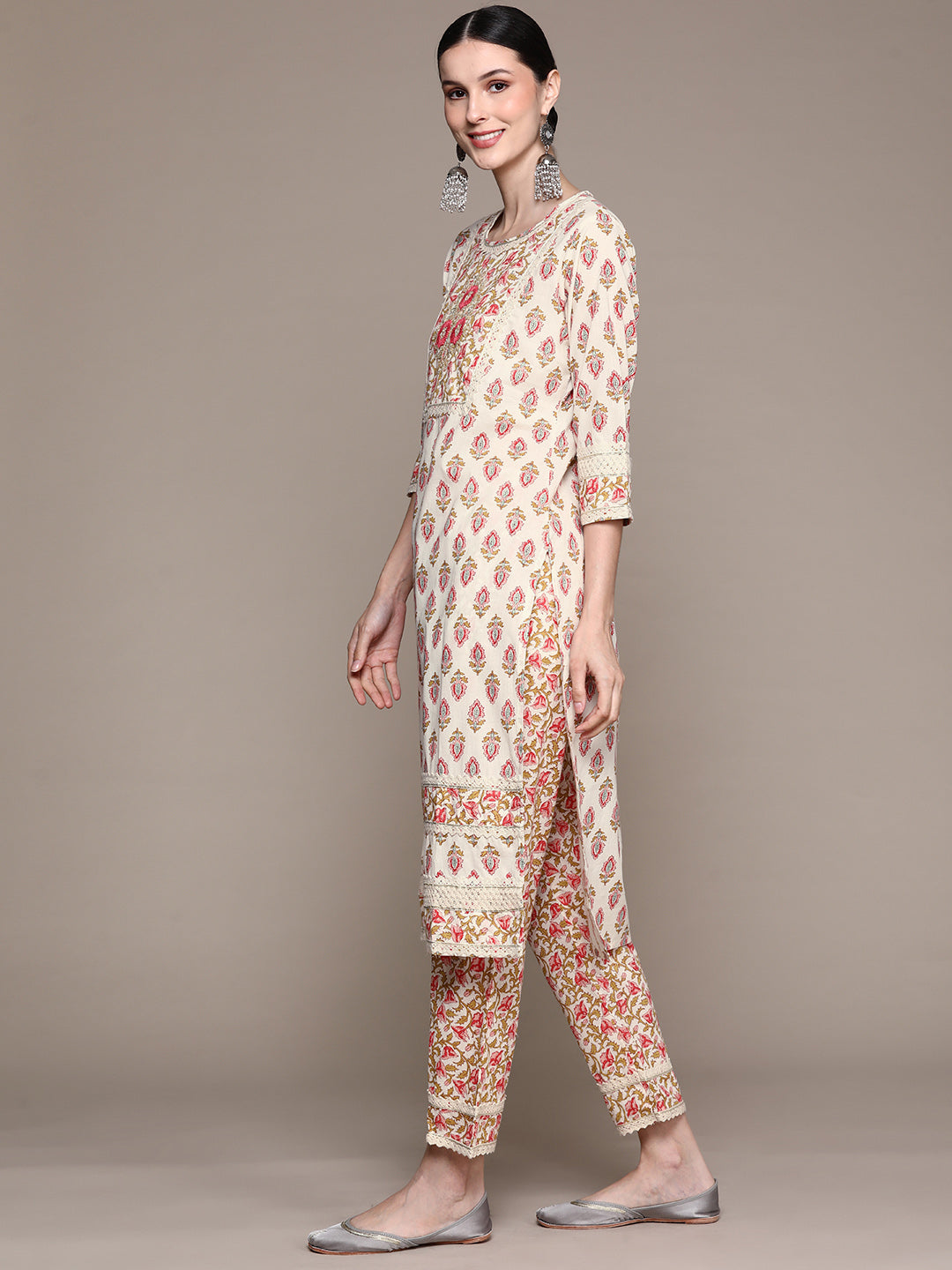 Ishin Women's White Embroidered A-Line Kurta with Trouser & Dupatta